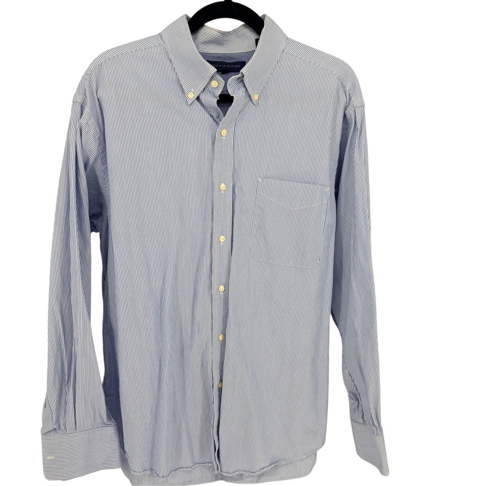 Tommy Hilfiger Button Down Shirt XL Blue White Striped Long Sleeve Cotton